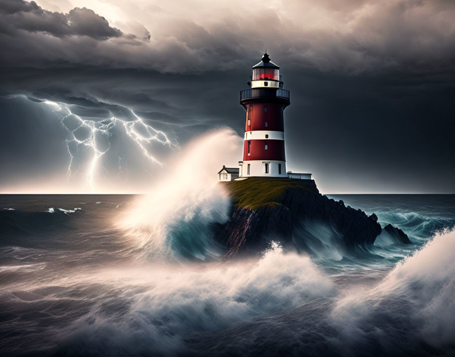 Stormy seascape with red and white lighthouse on cliff