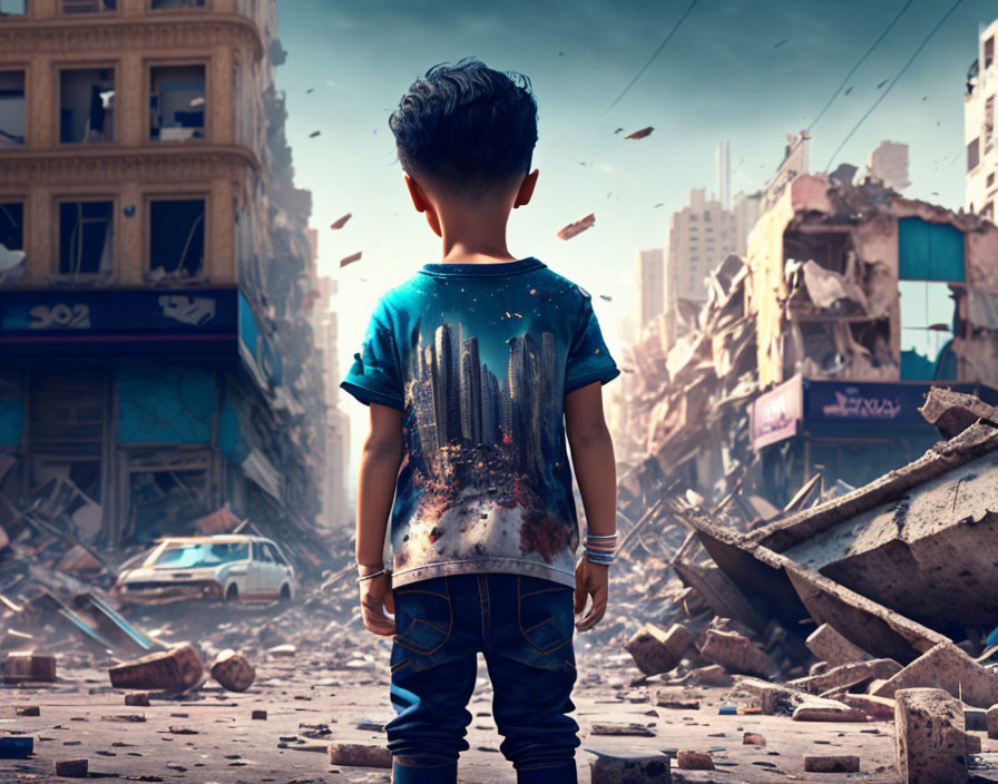 Young boy in destroyed urban landscape with flying debris and damaged buildings.