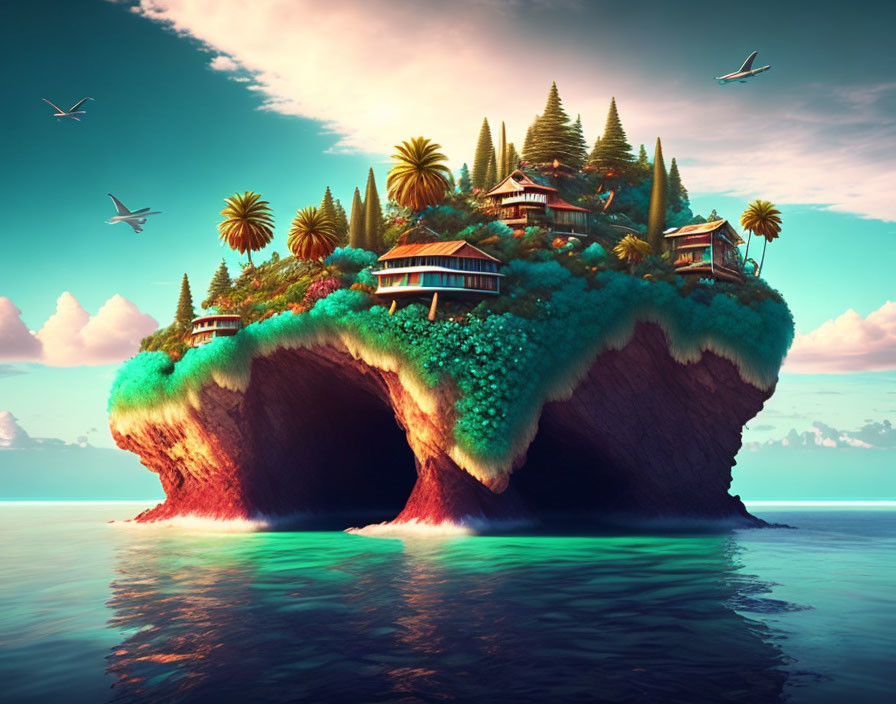 Surreal floating island with lush greenery and tropical houses in serene ocean landscape