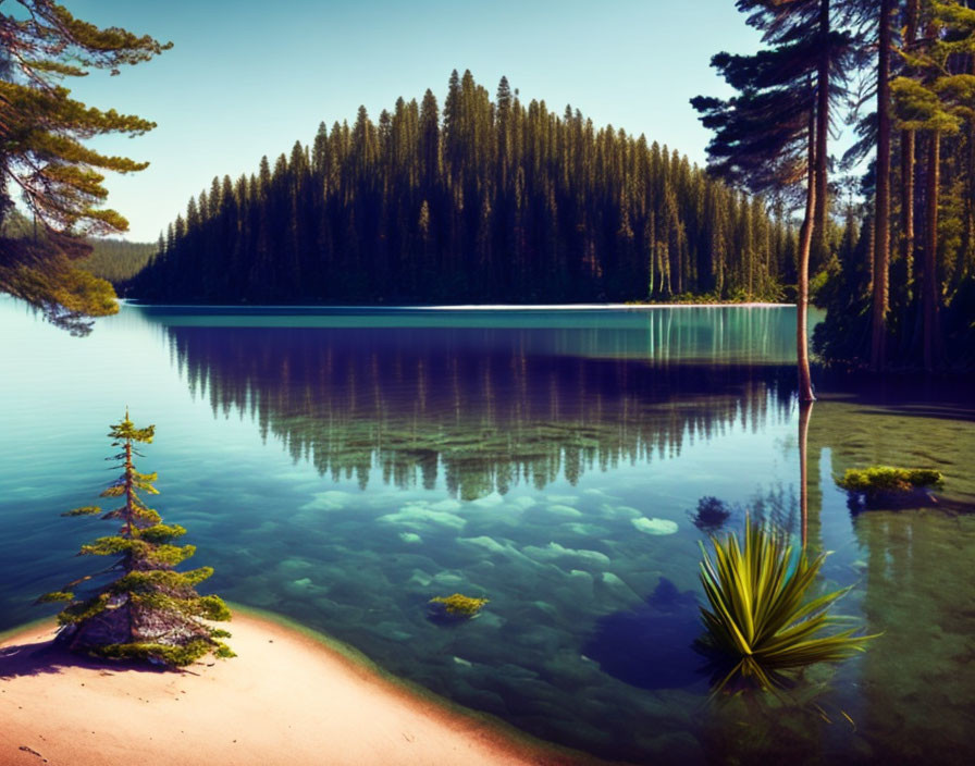 Tranquil lake scene with clear blue waters and dense forest surroundings