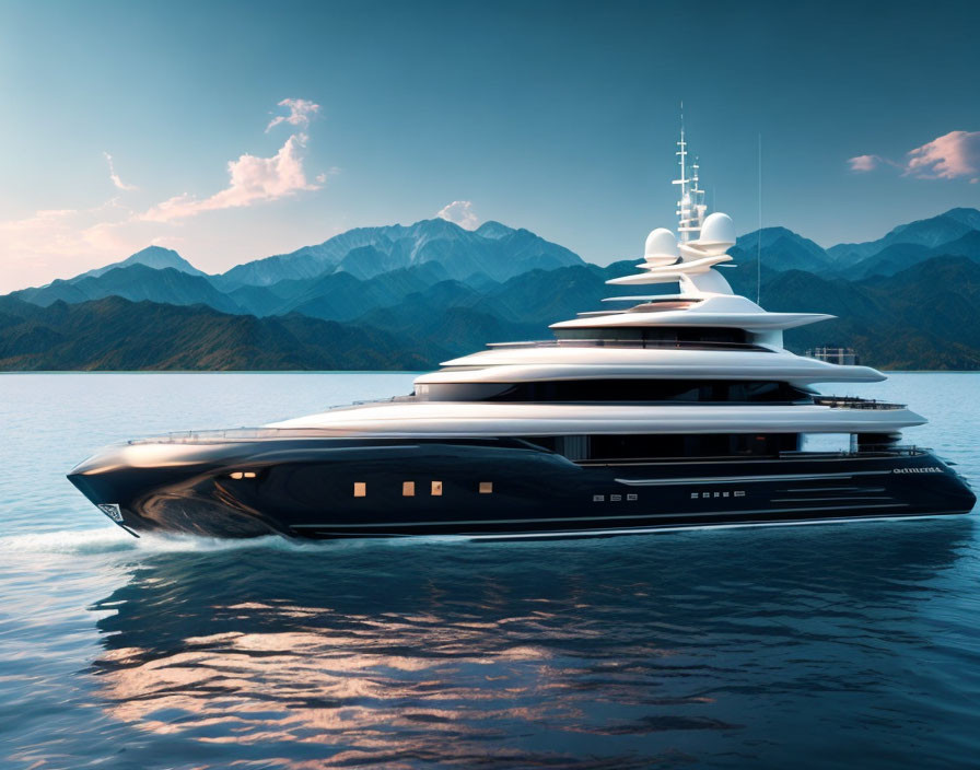 Luxurious Yacht on Calm Waters with Mountainous Backdrop at Sunset