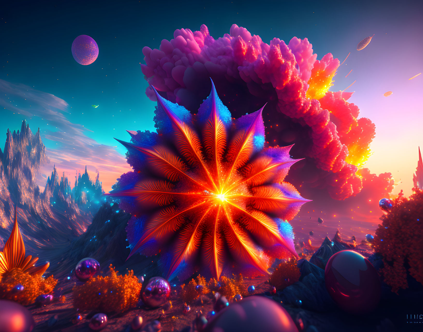 Colorful surreal landscape with radiant flower, luminous trees, orbs, and cosmic sky