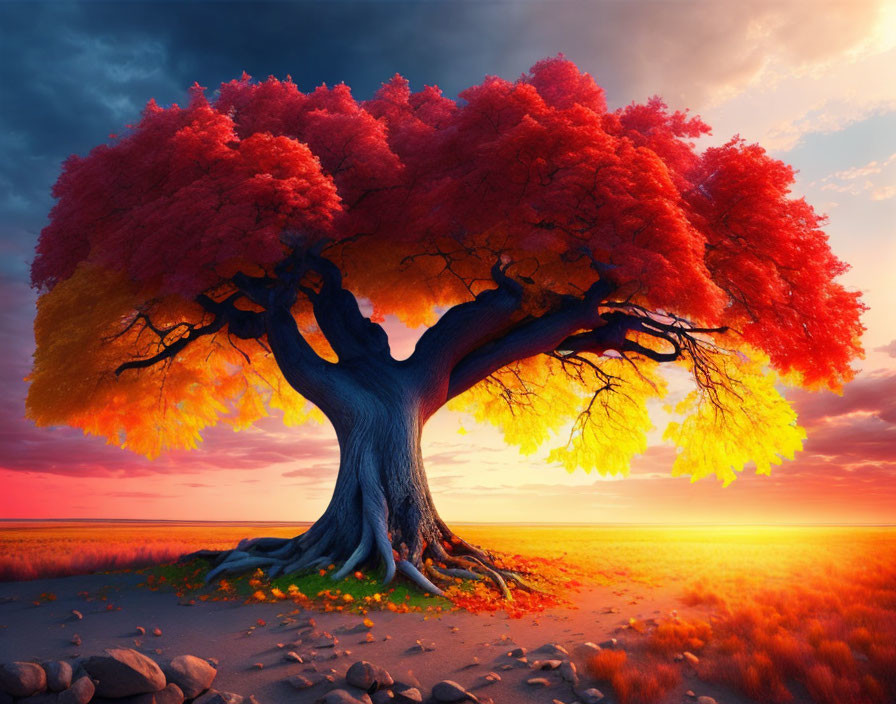Colorful Sunset Sky Illuminating Vibrant Tree with Red and Orange Leaves