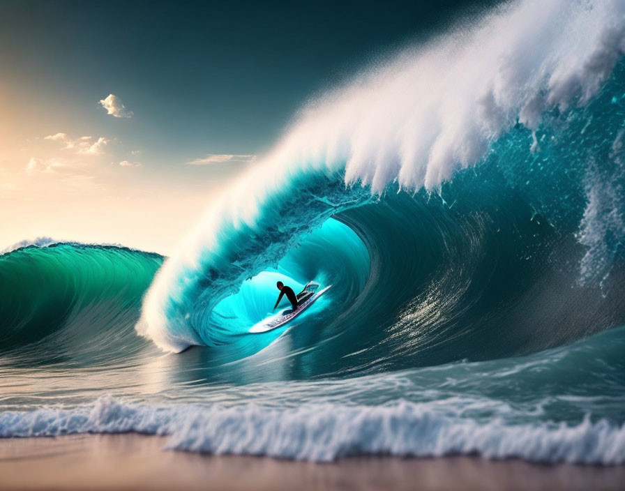 Surfer riding large turquoise barrel wave under warm glowing sky