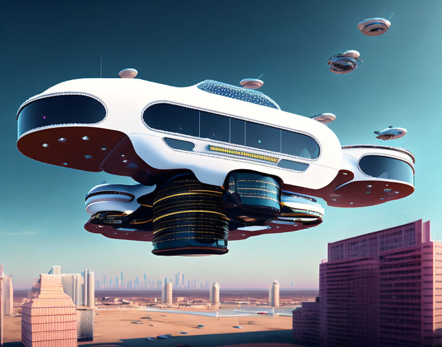 Futuristic flying vehicle over cityscape with smaller crafts in clear sky