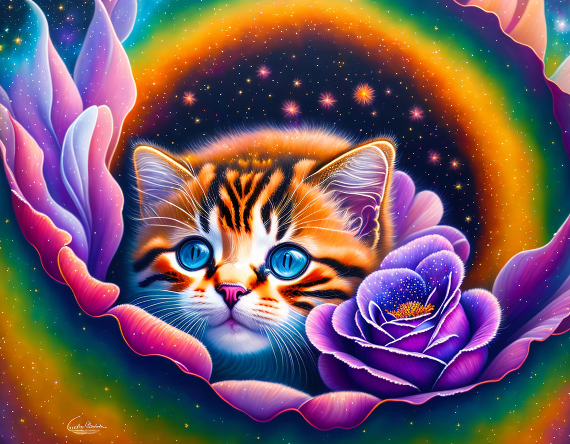 Colorful Flower and Kitten with Blue Eyes in Cosmic Setting