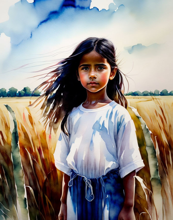 Young girl in white dress standing in golden field under blue sky