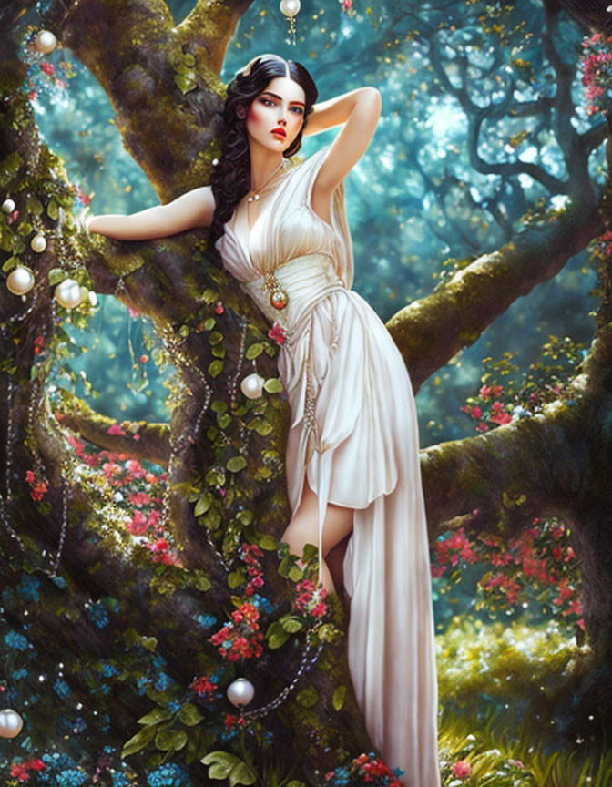 Woman in white dress leaning on tree in lush forest setting