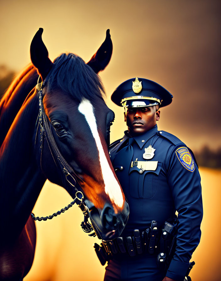 Uniformed police officer with horse in amber backdrop