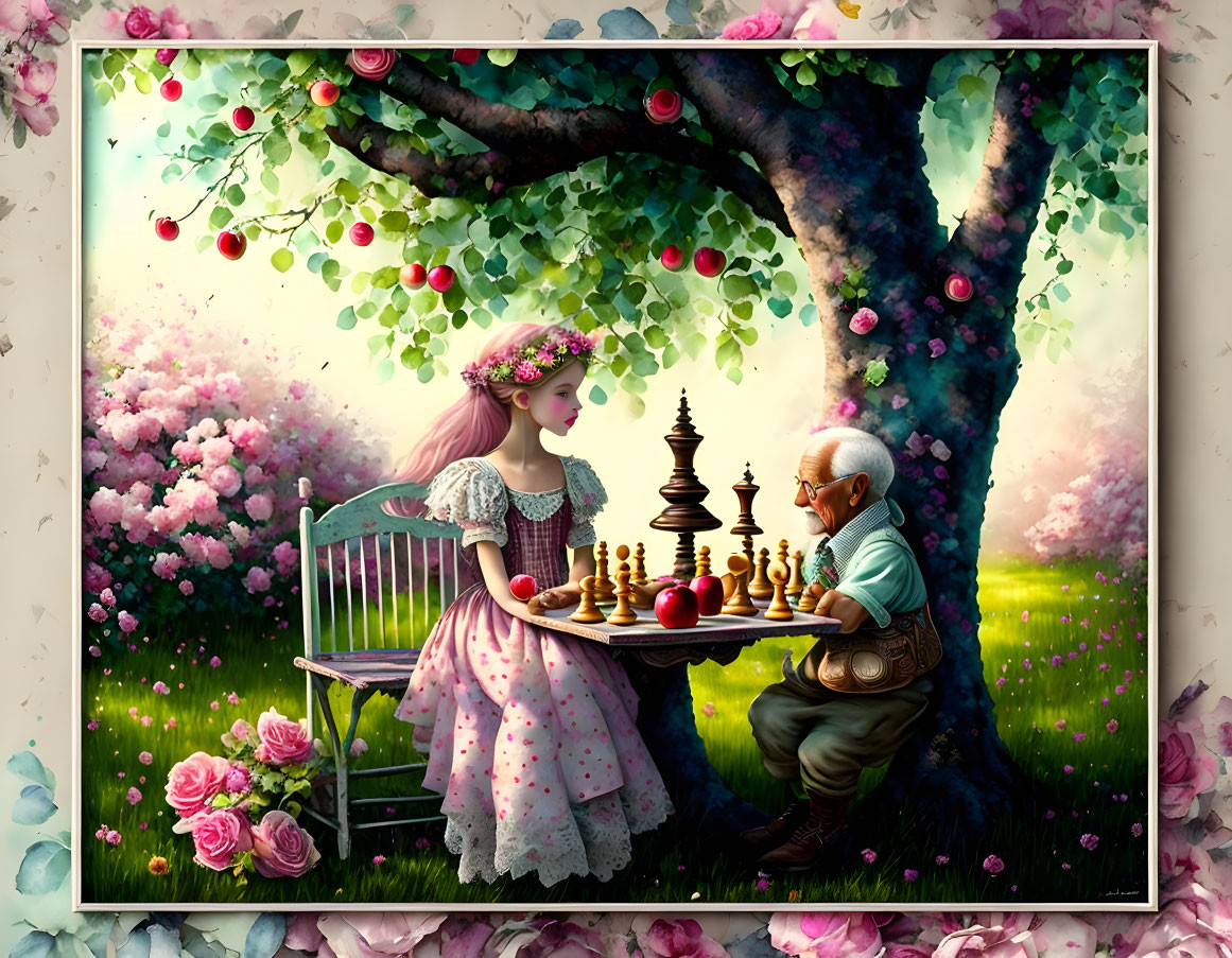 Young girl in floral dress and flower crown plays chess with elderly man under lush tree with red apples and