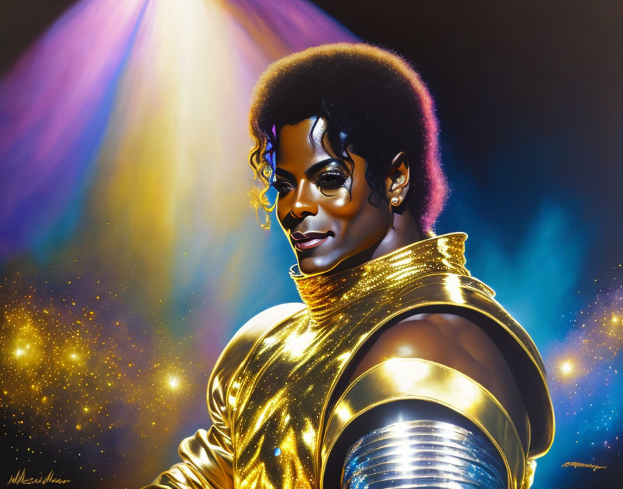 Vibrant male performer portrait with sparkling jacket and cosmic background