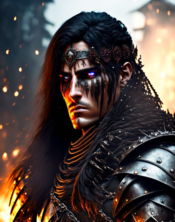 Fantasy warrior in intricate armor with glowing purple eyes and dark crown against fiery backdrop