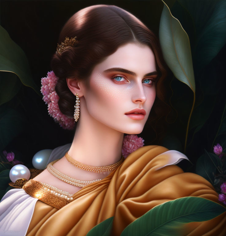 Digital portrait of woman with blue eyes, gold jewelry, golden shawl, surrounded by green leaves and
