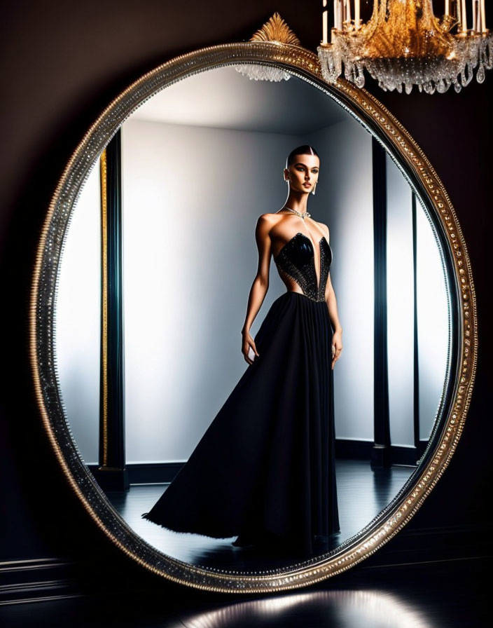 Elegant black gown reflection in ornate oval mirror under crystal chandelier