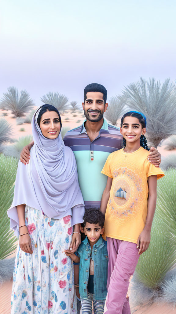 Family of Four Poses in Desert with Sparse Vegetation
