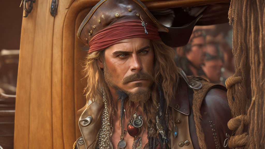Detailed digital artwork of a male pirate with red bandana, long hair, and intricate beard.