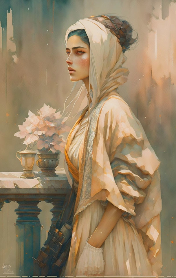 Contemplative woman in vintage attire with hydrangeas and cup in sepia-toned painting