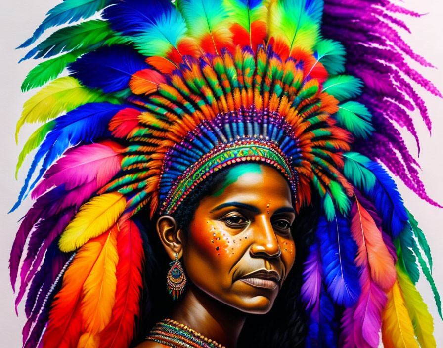 Colorful portrait of a person with feather headdress and face paint