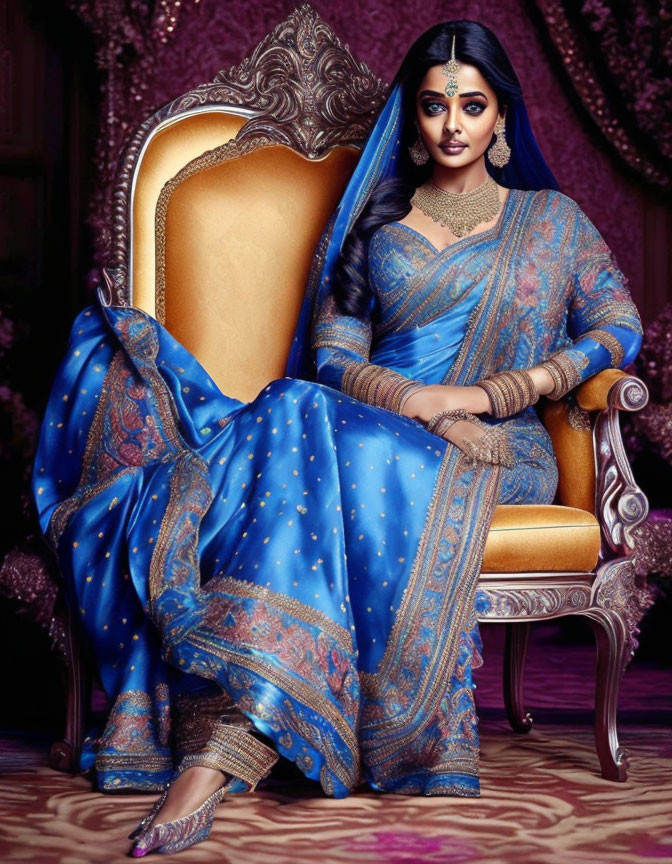 Traditional Indian Woman in Blue and Gold Saree on Ornate Chair