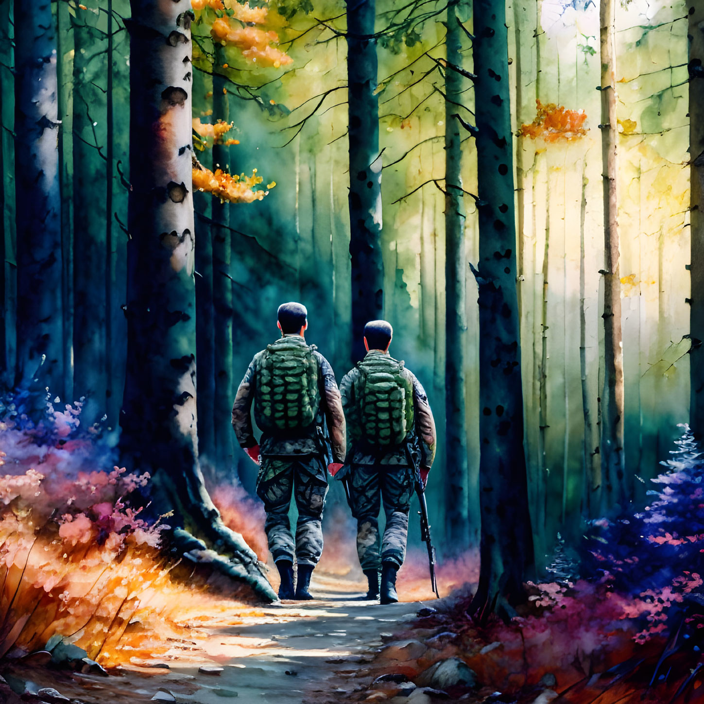 Camouflaged Pair Walking in Vibrant Forest with Sun Rays