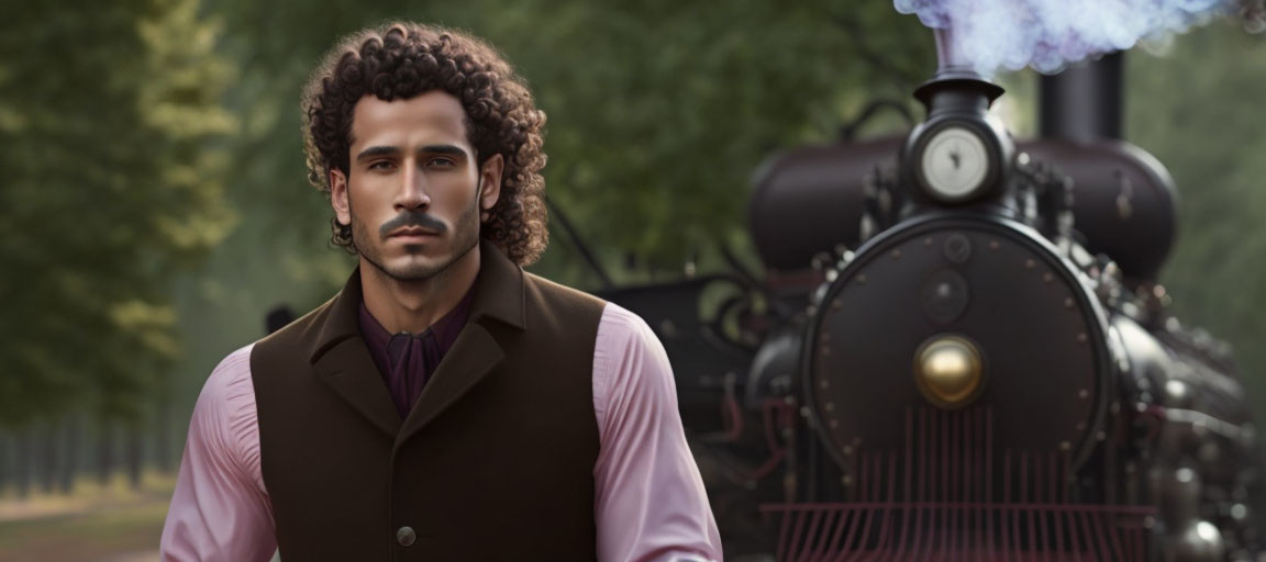 Curly-Haired Man in Historical Attire by Vintage Steam Locomotive