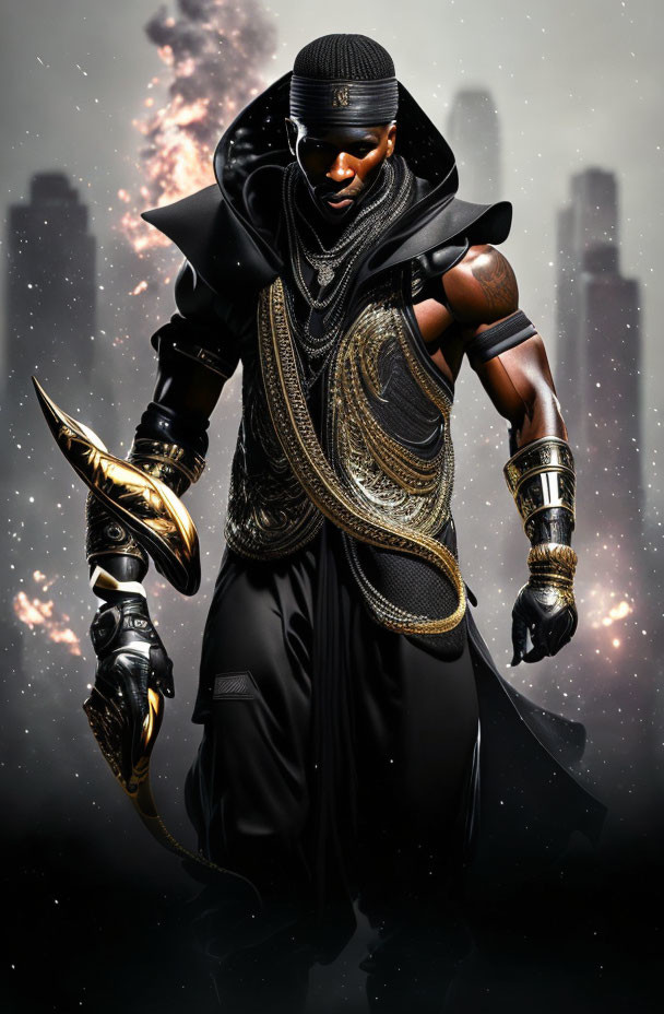 Fantasy armor warrior with dual blades in dark cityscape.