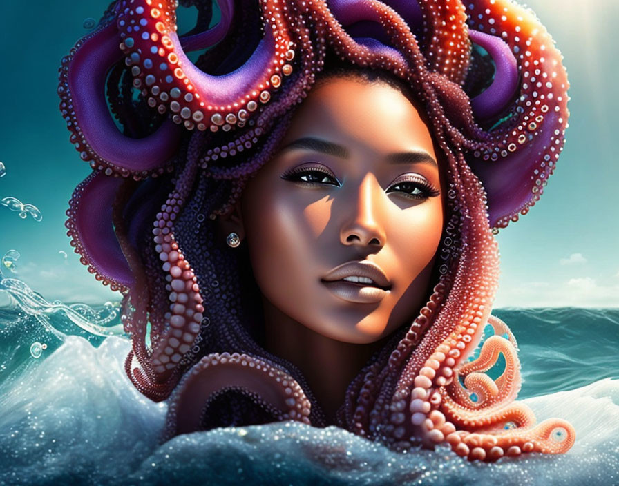 Digital artwork: Woman with octopus tentacles hair in ocean backdrop