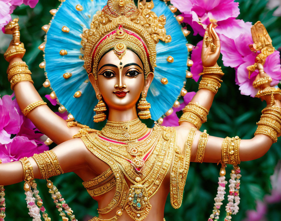 Colorful Hindu Deity Statue with Gold Jewelry and Flowers