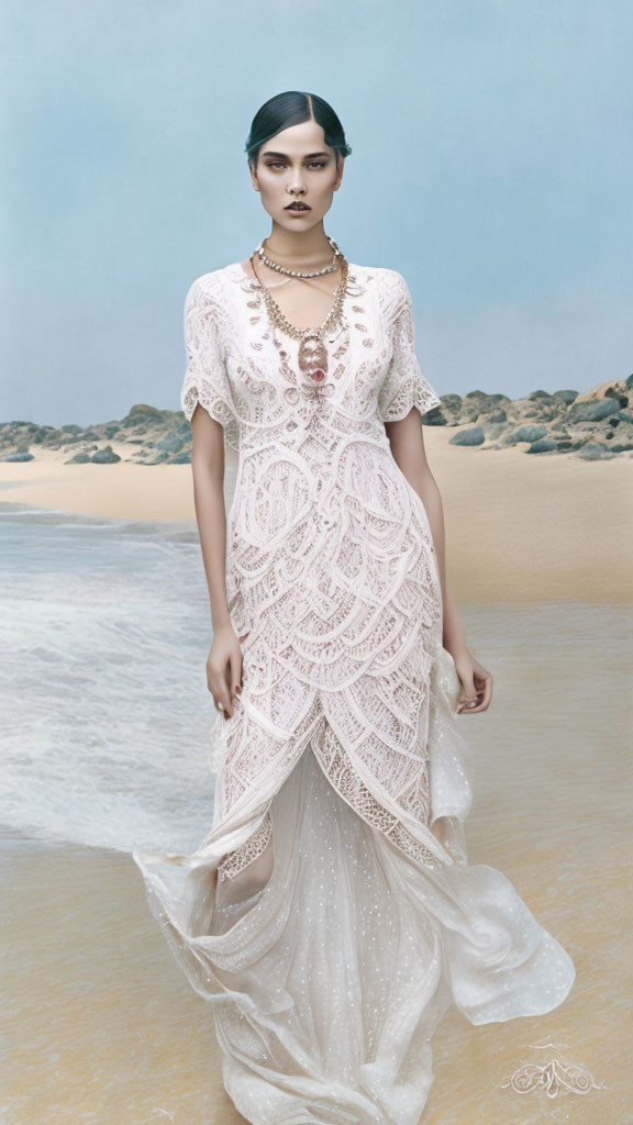 Woman in White Lace Dress on Beach with Statement Necklace