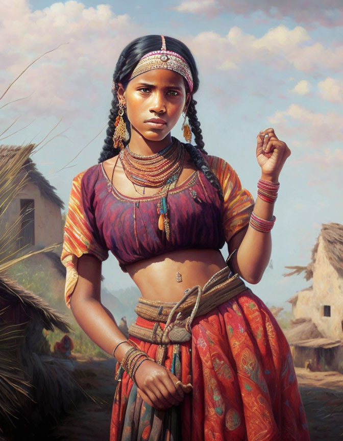 Traditional South Asian Attire: Woman with Jewelry in Rural Setting