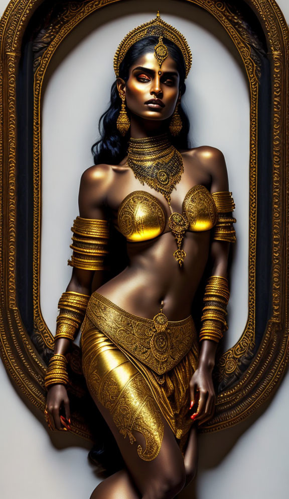 Intricate gold body jewelry adorns woman in vintage frame