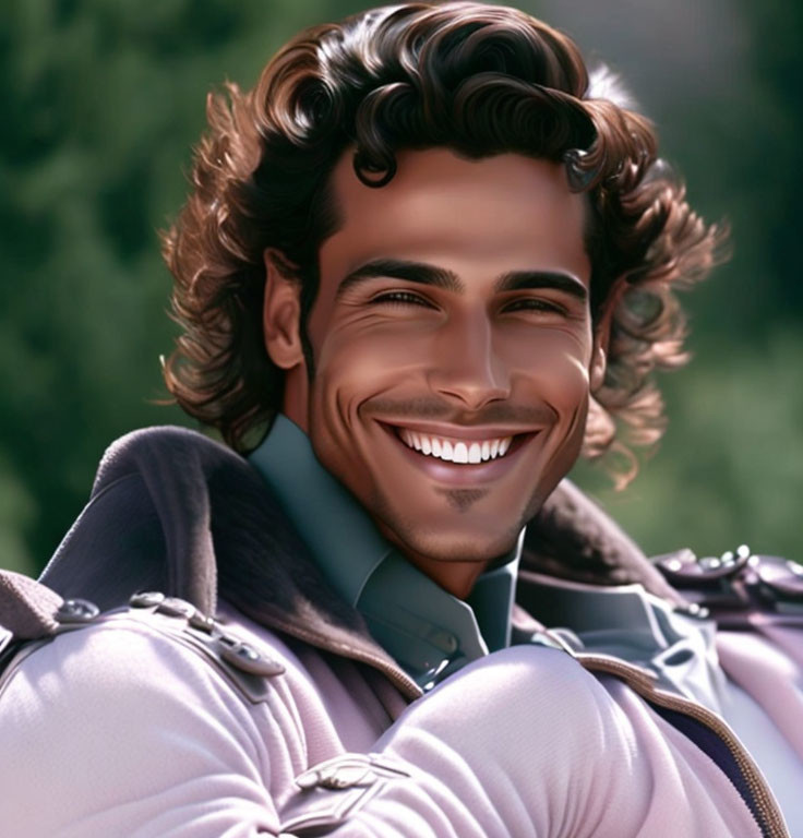 Man with Bright Smile and Curly Hair in High-Collared Jacket Against Leafy Background