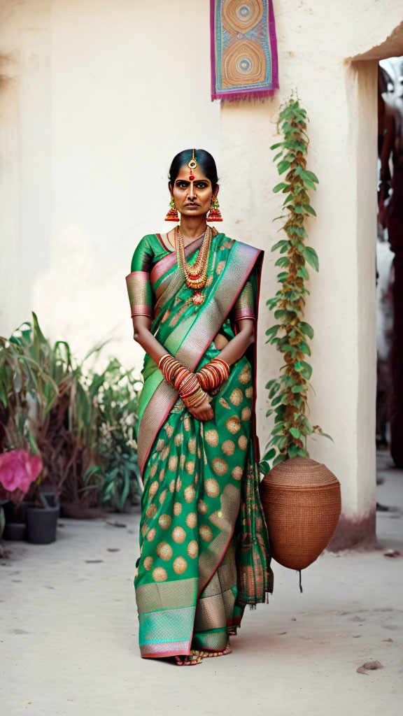 Traditional Green Saree with Gold Motifs and Elegant Jewelry
