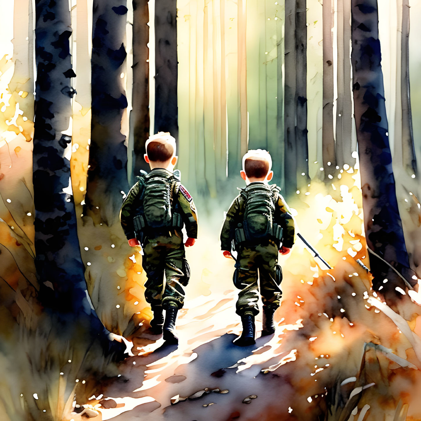 Children in military-style outfits walking in sunlit forest with tall trees.