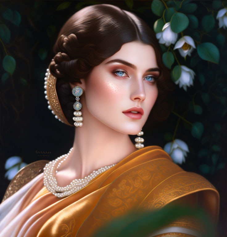 Vintage Portrait of Woman with Pearl Jewelry and Golden Shawl Among White Flowers