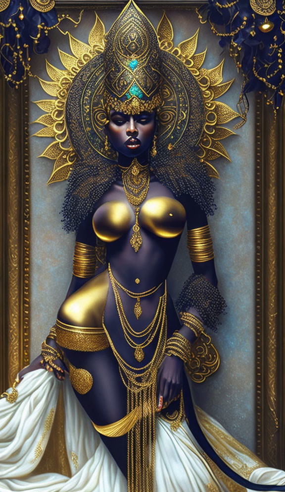 Stylized digital artwork of female figure with blue skin and golden headgear