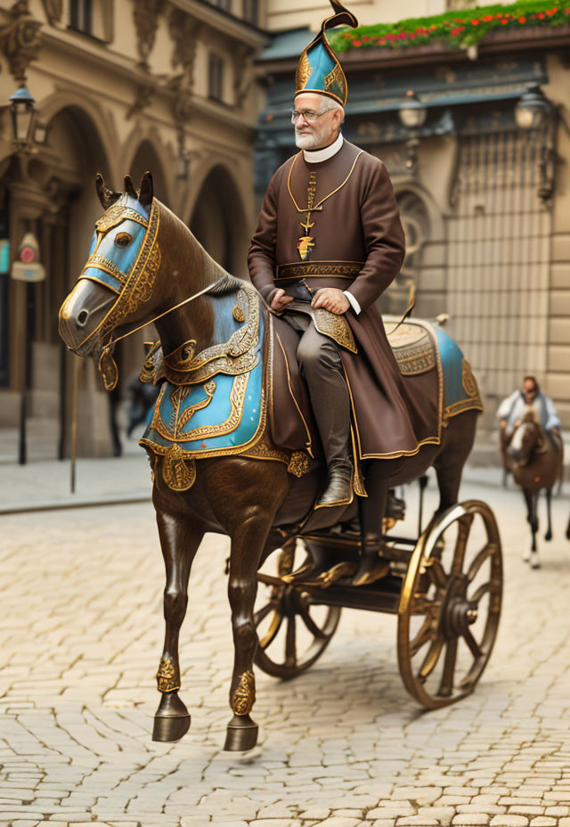 Person in ornate religious attire on decorated carriage with horse on cobblestone street.