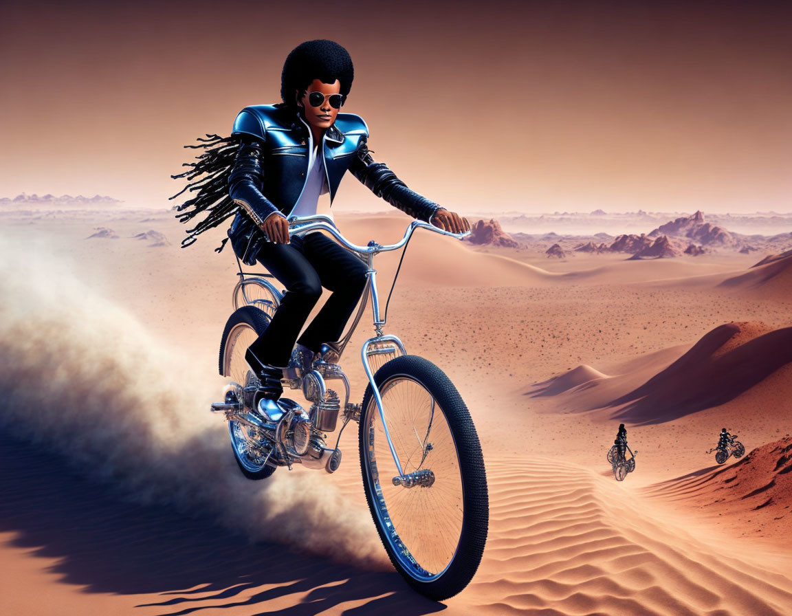 Stylized character with afro on futuristic motorcycle in desert landscape