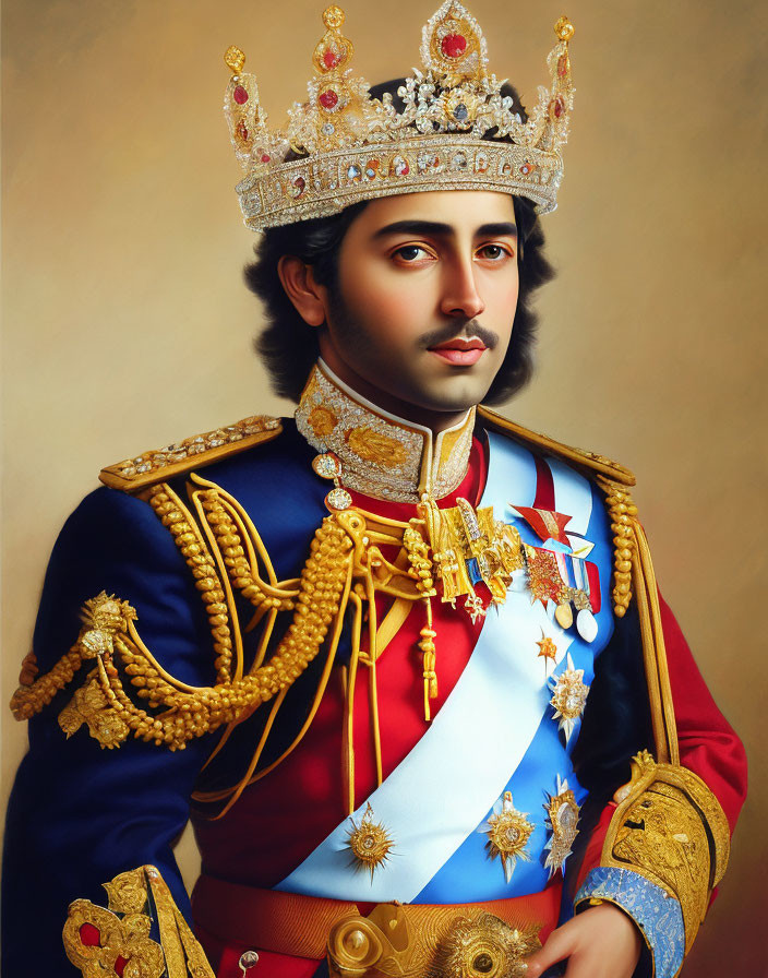Regal portrait of a man in ornate crown and military uniform
