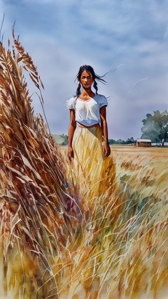 Woman in white blouse standing in golden wheat field with farm and trees under hazy sky