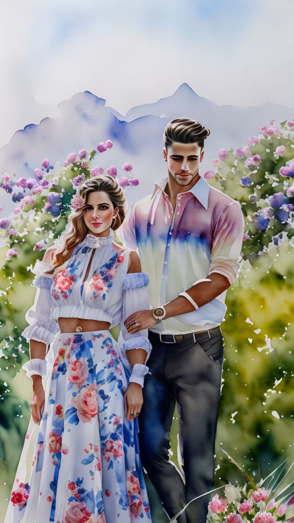 Fashionable couple in floral attire with mountain backdrop.