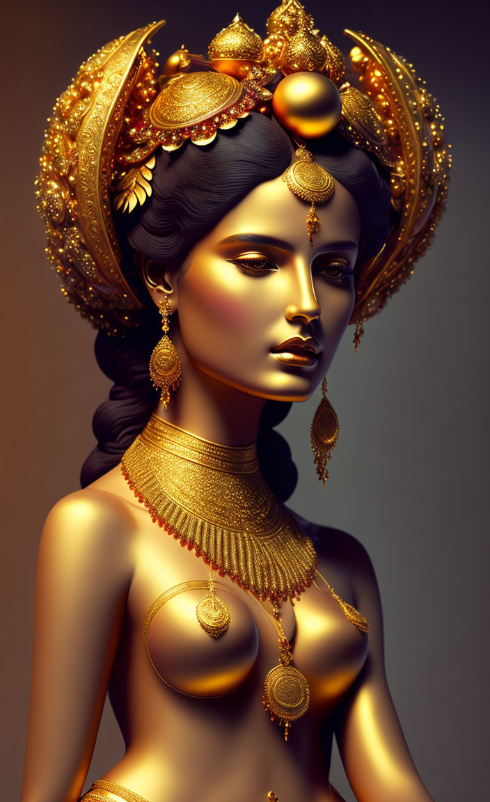 Portrait of woman with dark hair wearing golden headgear and jewelry on warm background
