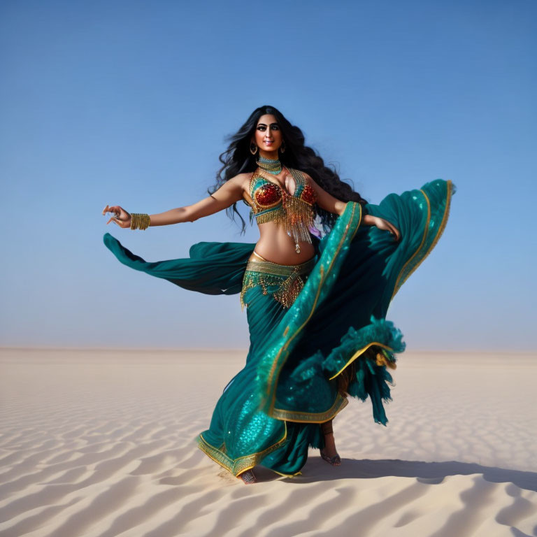 Traditional emerald costume dance in desert under blue sky