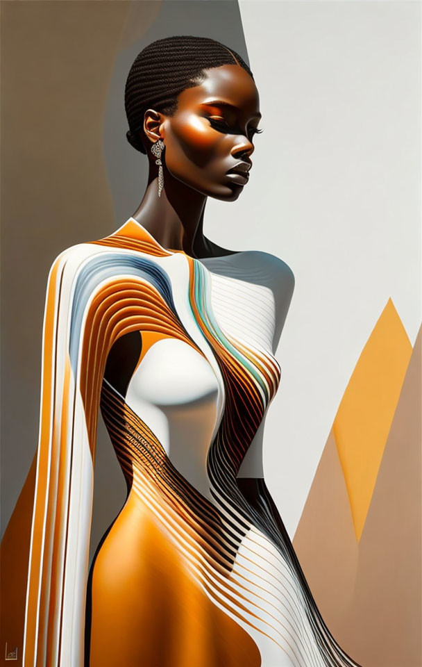 Digital artwork: Dark-skinned woman in flowing abstract garments against geometric backdrop