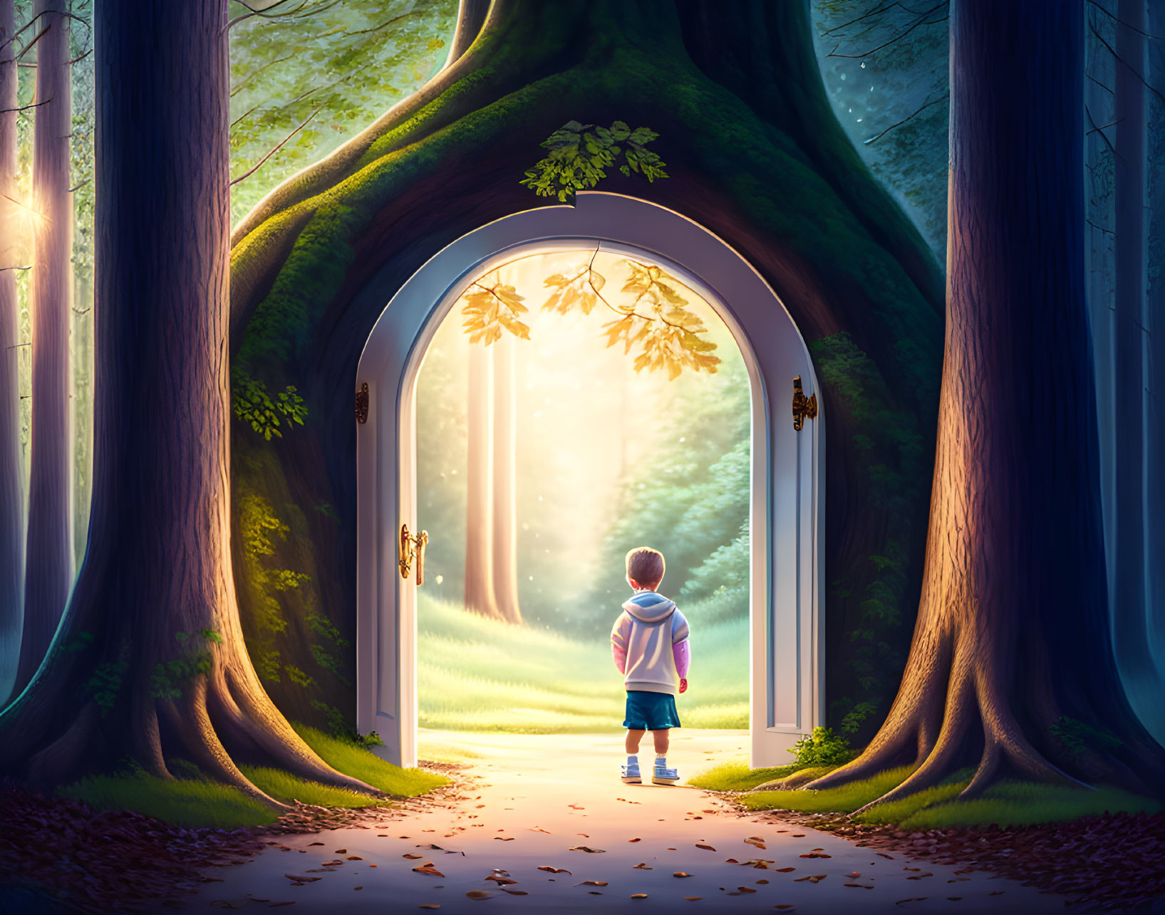 Child with backpack at door to enchanted forest in tree