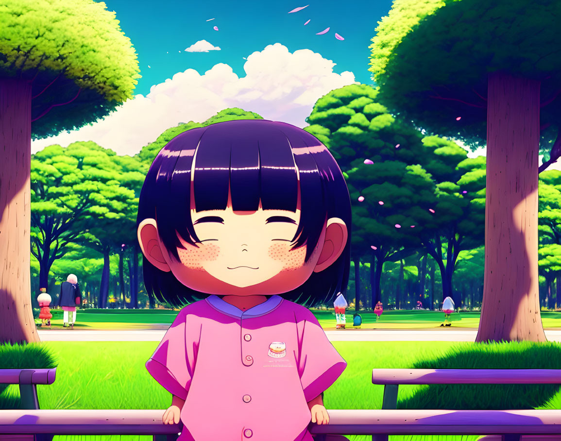 Short Black-Haired Girl in Pink Outfit in Sunny Park