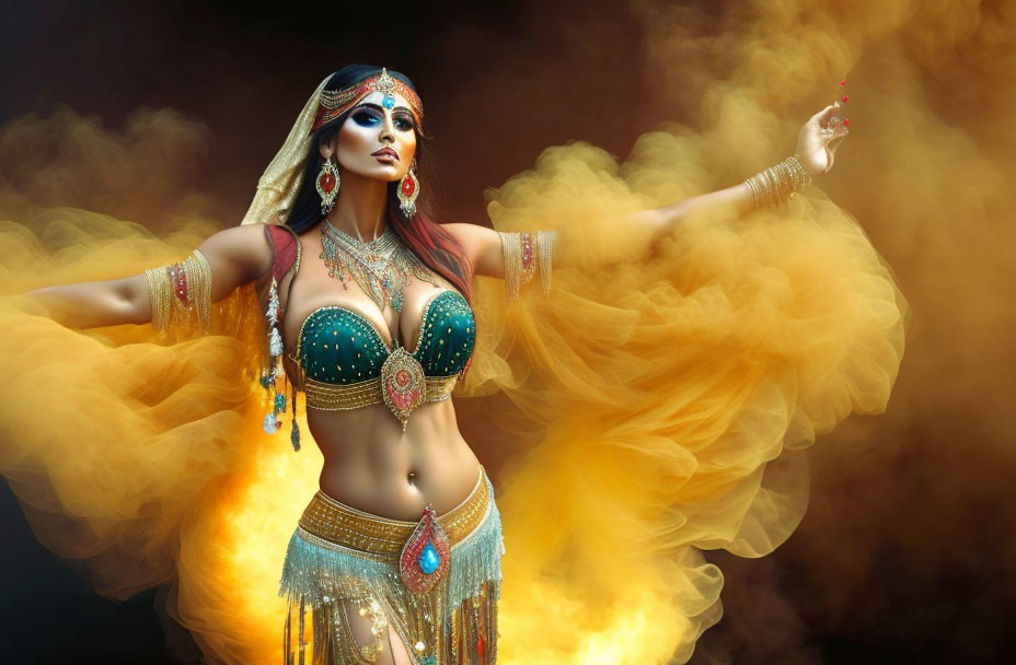 Elaborate Belly Dancing Attire with Yellow Smoke Background