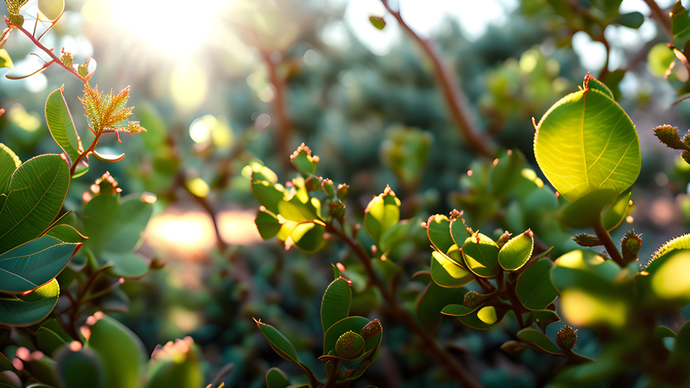 Green leaves and branches under sunlight with delicate textures on warm bokeh background