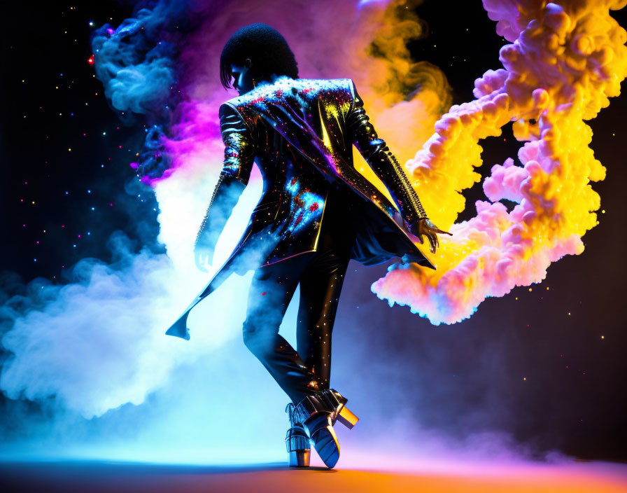 Dynamic Pose in Sparkling Jacket and High Heels with Colorful Smoke