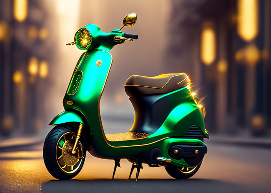 Shiny Green Scooter with Golden Accents on Urban Road at Dusk